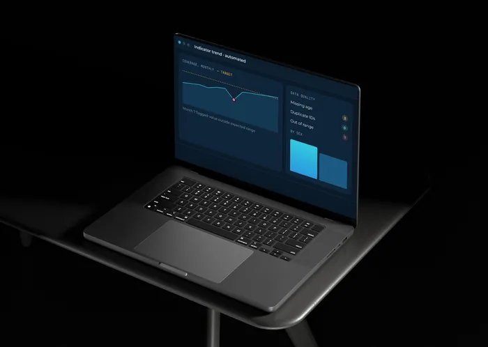 A laptop showing an indicator trend with data-quality flags and sample data.