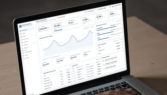 Owner's dashboard in a business management by Motion Imprints Technologies, on hands on a laptop at a desk. Illustrative data.